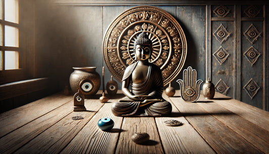 Buddha statue with Evil Eye and Hamsa Hand symbols on a rustic wooden table, symbolizing spiritual protection.