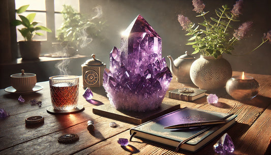 Amethyst crystal jewelry banner featuring amethyst rings and necklaces for balance and tranquility