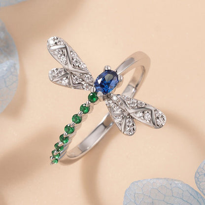 Emerald Serenity Dragonfly Sapphire Crystal Ring