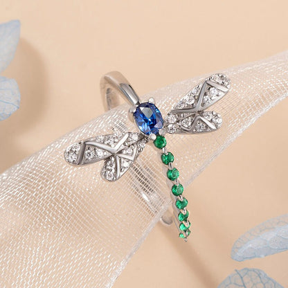 Emerald Serenity Dragonfly Sapphire Crystal Ring